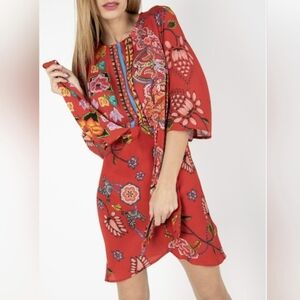 So Lovely! DESIGUAL Glen Red Floral Tie Front Wide Kimono Sleeve Size 44 L/XL **